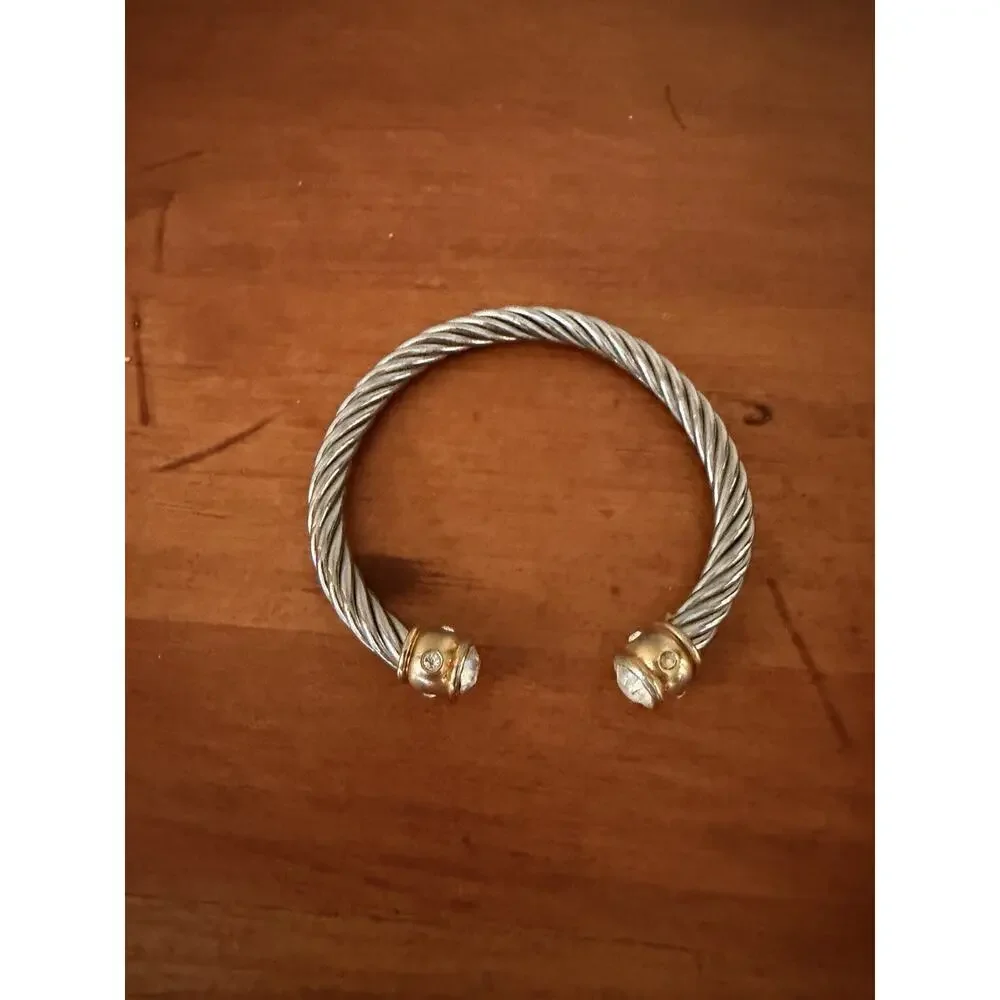 Retro Inspired Stylish Silver Rope Cuff Bracelet Gold Bar Ends Rhinestones